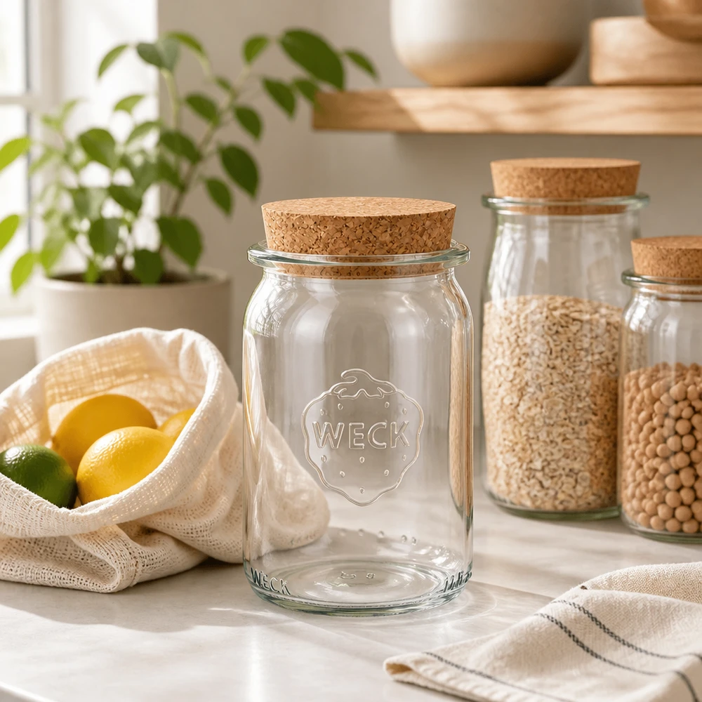 WECK 145ml Zylinderglas RR40 leer mit Korkdeckel in nachhaltiger Zero-Waste Küche neben Hülsenfrüchten und Zitrusfrüchte