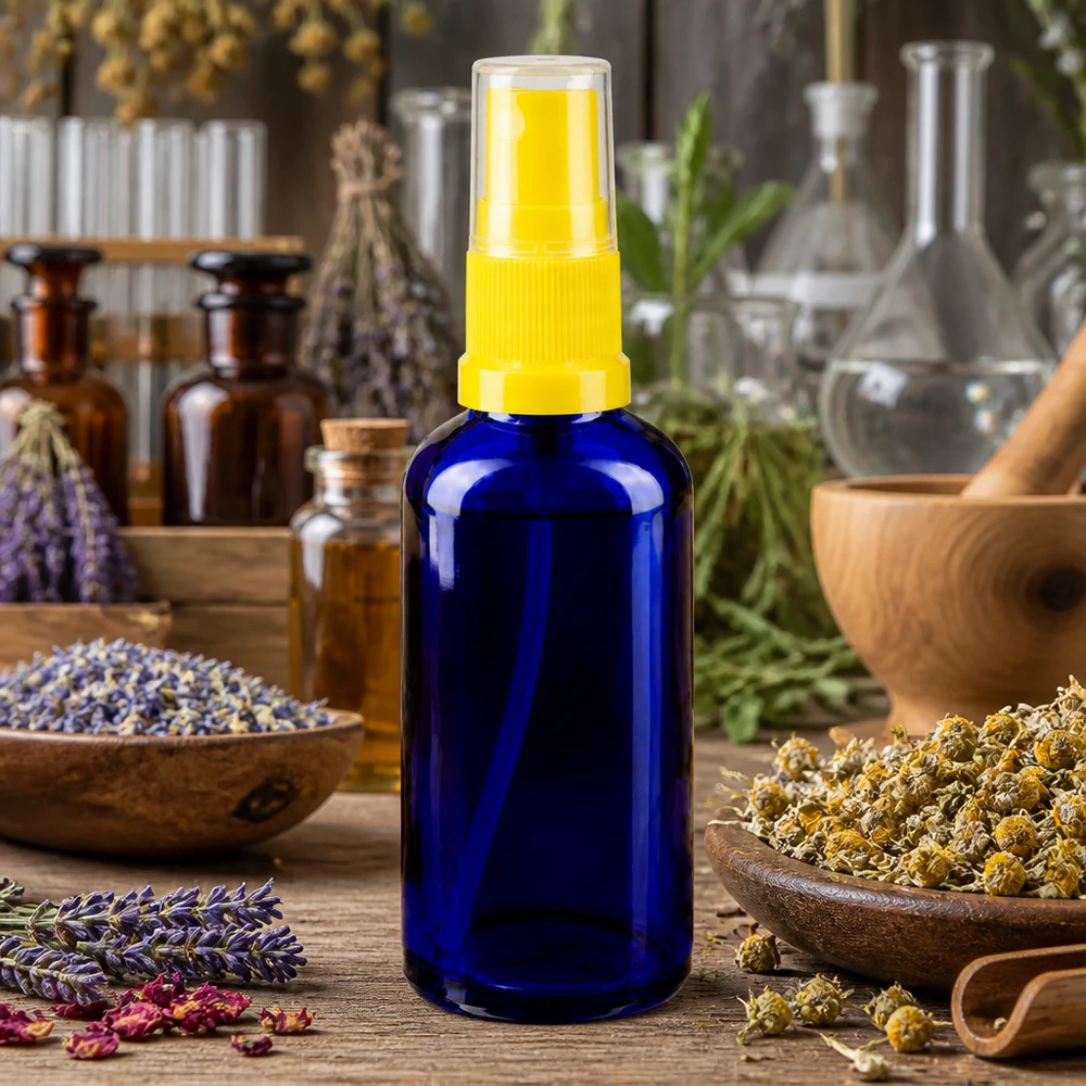 Apothekenflasche blau 50ml Sprayaufsatz gelb Kobaltblaue Glasflasche 50ml mit transparentem Sprühaufsatz in natürlicher Kräuterumgebung