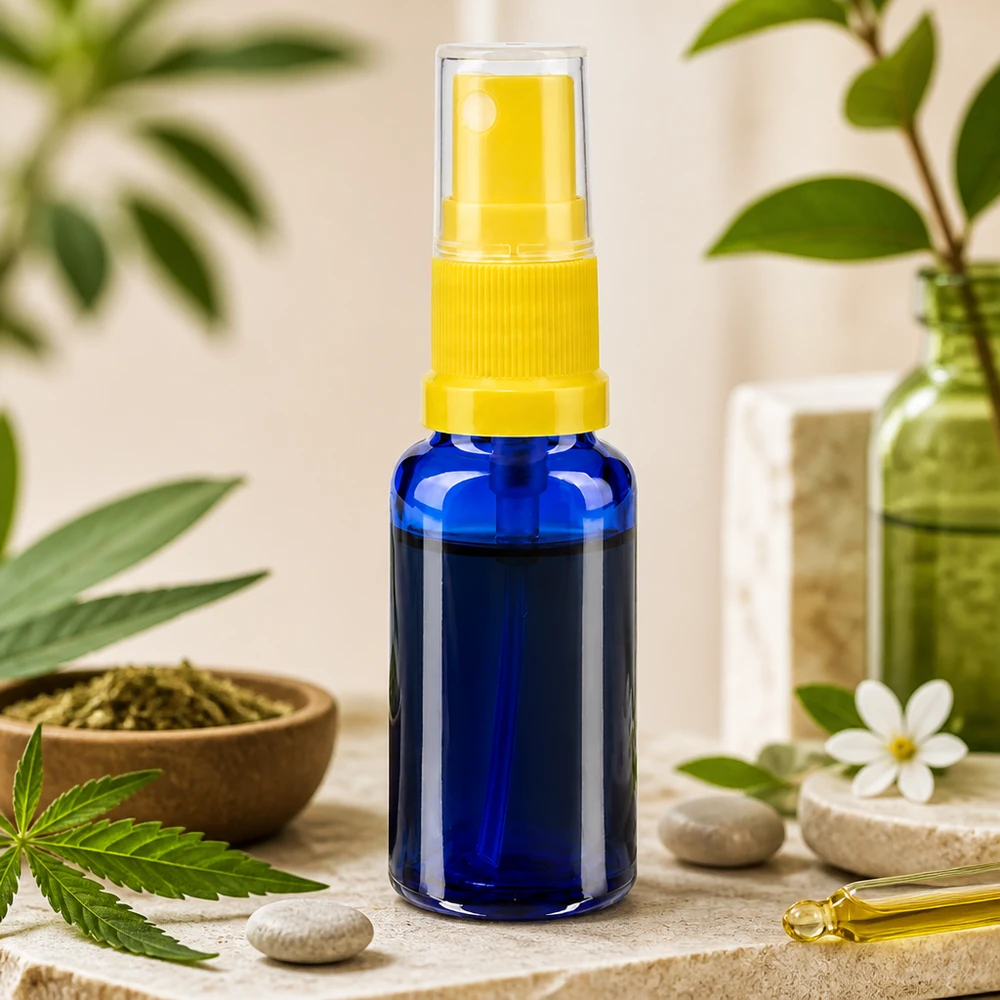 Apothekenflasche blau 20ml Sprayaufsatz gelb Kompakte blaue Glas Sprühflasche 20ml gelber Sprühkopf für Naturkosmetik und Aromatherapie