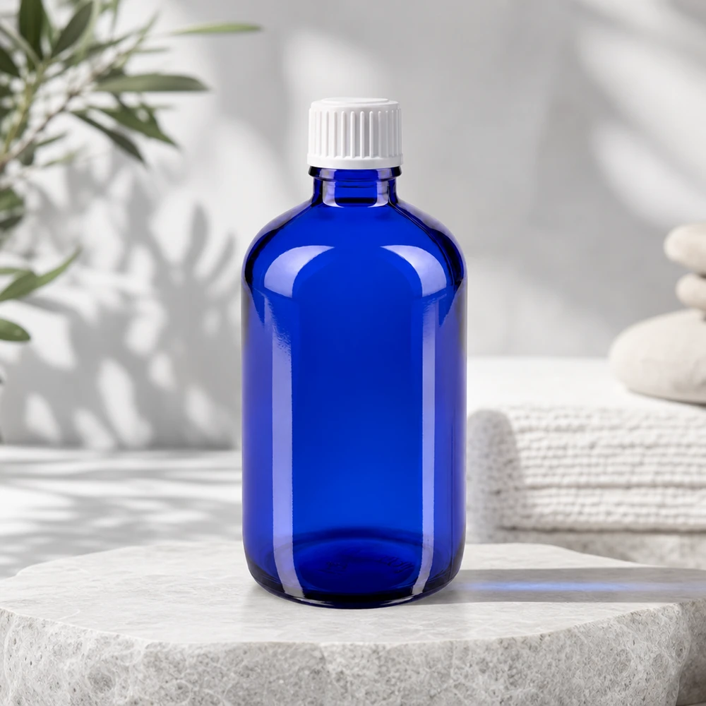 Apothekenflasche blau 100ml Schraubverschluss weiß Globuli Standard Kobaltblaue Medizinflasche 100ml Borosilikatglas mit kindersicherem Weißdeckel