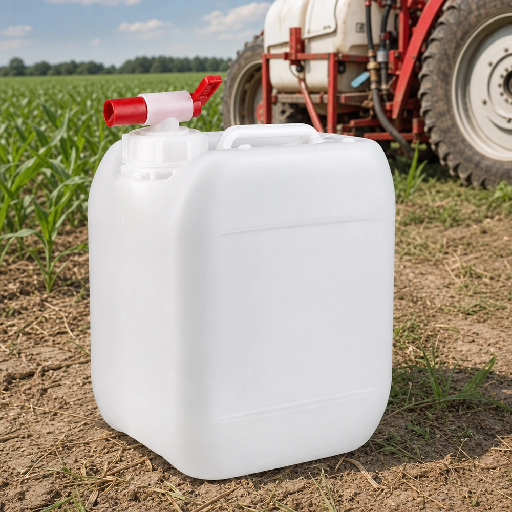 Weißer Kunststoffkanister 5 Liter mit Zapfhahn für landwirtschaftliche Anwendungen im Feldeinsatz