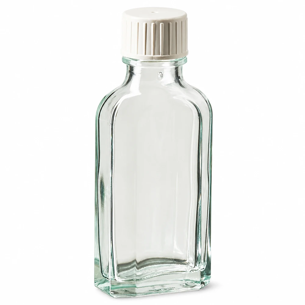 50 ml Meplat klar Schraubverschluss mit Giessring Kleine rechteckige Klarglasflasche 50 ml mit weißem DIN-Schraubdeckel