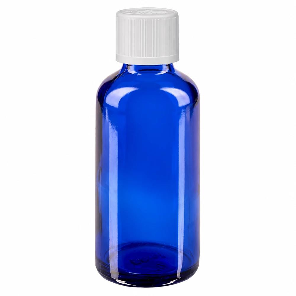 Blaue 50ml Tropfflasche aus Apothekerglas mit weißem KiSi-Schraubverschluss Standard