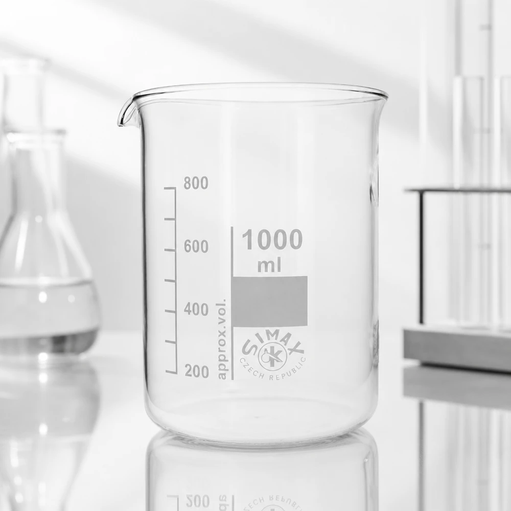 Becherglas 1000ml Borosilikatglas, niedrige Form Robustes Borosilikatglas Becherglas 1000ml niedrige Bauform für stabile Laborarbeiten