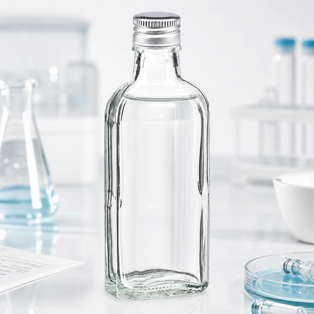 Kleine klare Meplat Flasche 100ml mit silbernem Aluminiumverschluss PP22 auf weißer Arbeitsfläche