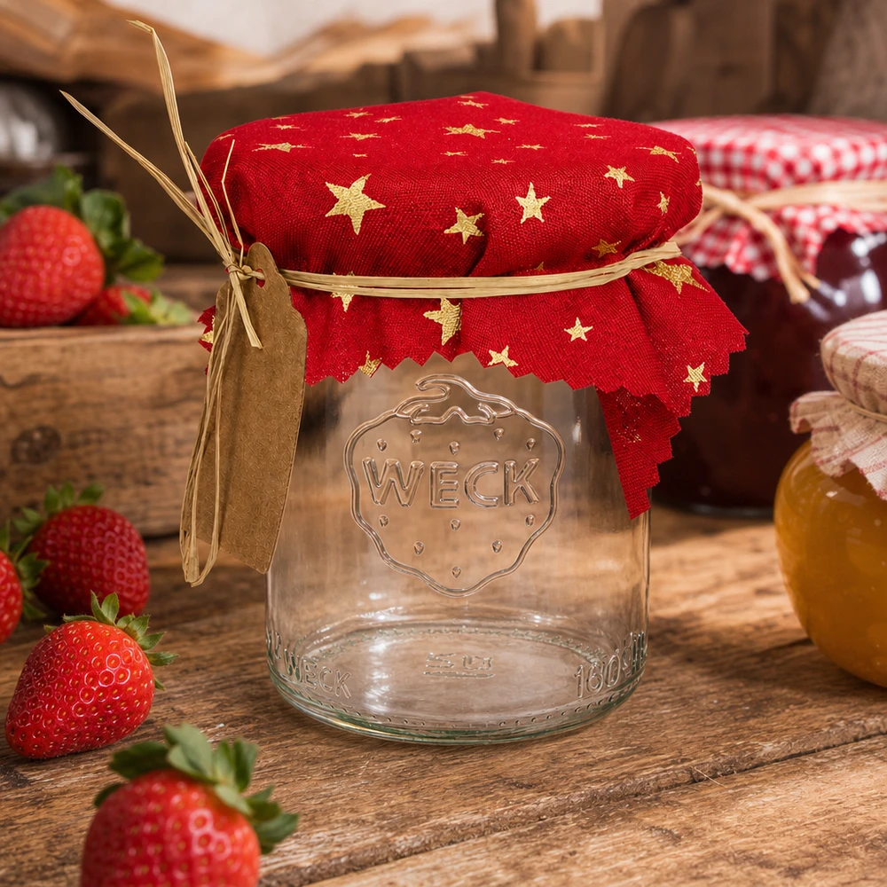 Stoff Schmuckdeckchen rot "Sterne" 12cm eckig Rotes Sterne-Schmuckdeckchen auf Marmeladenglas dekorativ arrangiert mit frischen Erdbeeren auf Holztisch Landhaus-Stil
