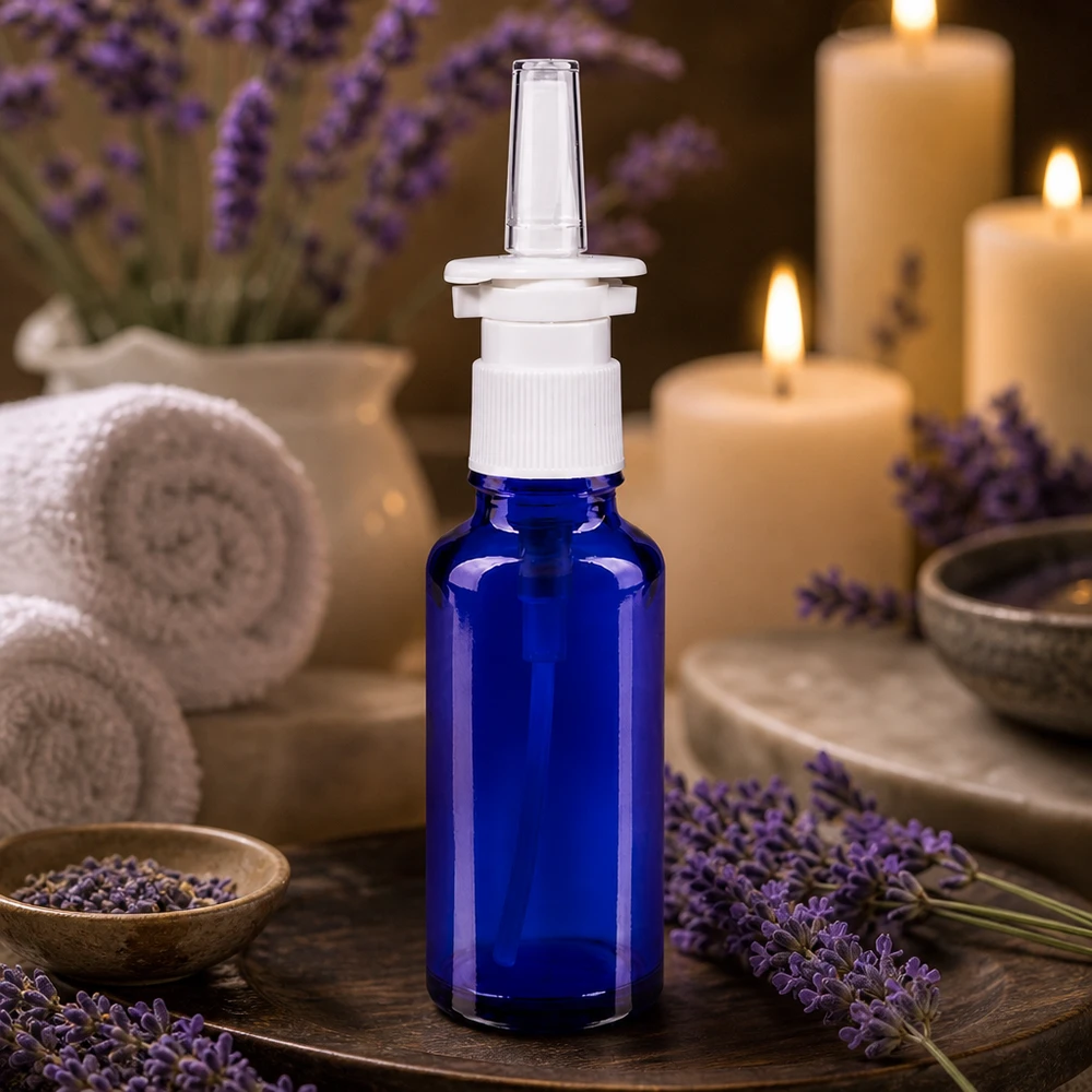Kleine Glasflasche 30ml in Kobaltblau mit weißem Pumpaufsatz für Nasenspray Anwendung