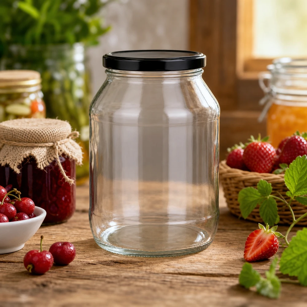 2650ml Rundglas mit BasicSeal Deckel schwarz UNiTWIST 2650ml Rundglas mit schwarzem Deckel in Küche mit Marmelade, Obst und Kräutern - vielseitiges Einmachglas für Vorräte