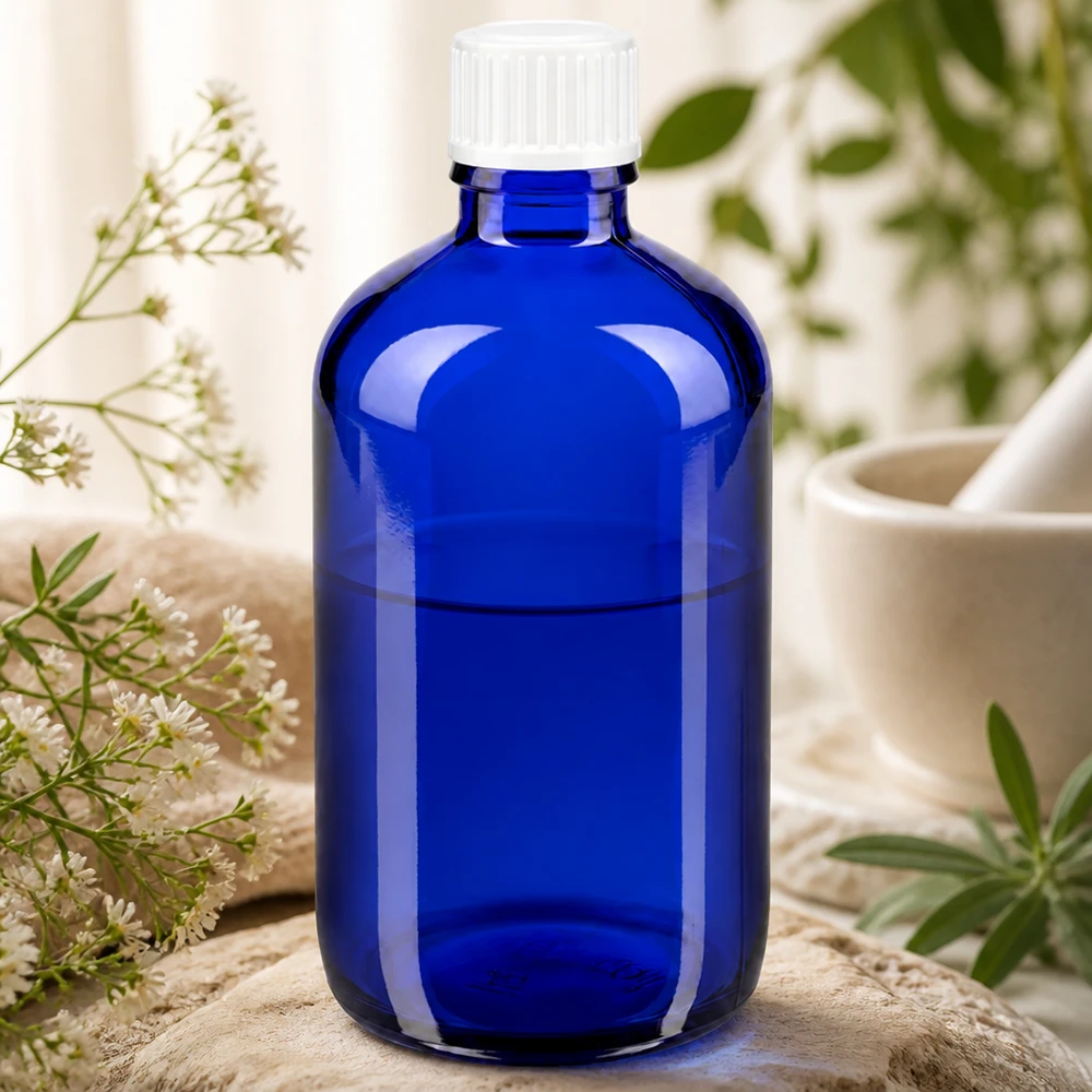 Blaue Glasflasche 100ml zylindrische Form mit geripptem Sicherheitsverschluss in Weiß