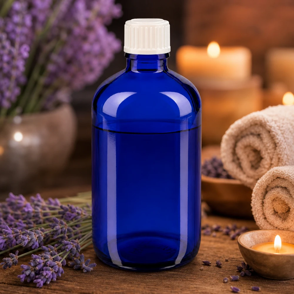 Apothekenflasche blau 100ml Schraubverschluss weiß Globuli Standard Kobaltblaues UV-Schutzglas 100ml Flasche ideal für ätherische Öle und Naturkosmetik