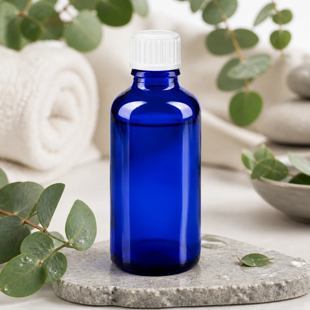 Apothekenflasche blau 50ml Schraubverschluss weiß Globuli Standard Kobaltblaue Glasflasche 50ml Standard GR für ätherische Öle und Naturheilkunde auf Naturstein