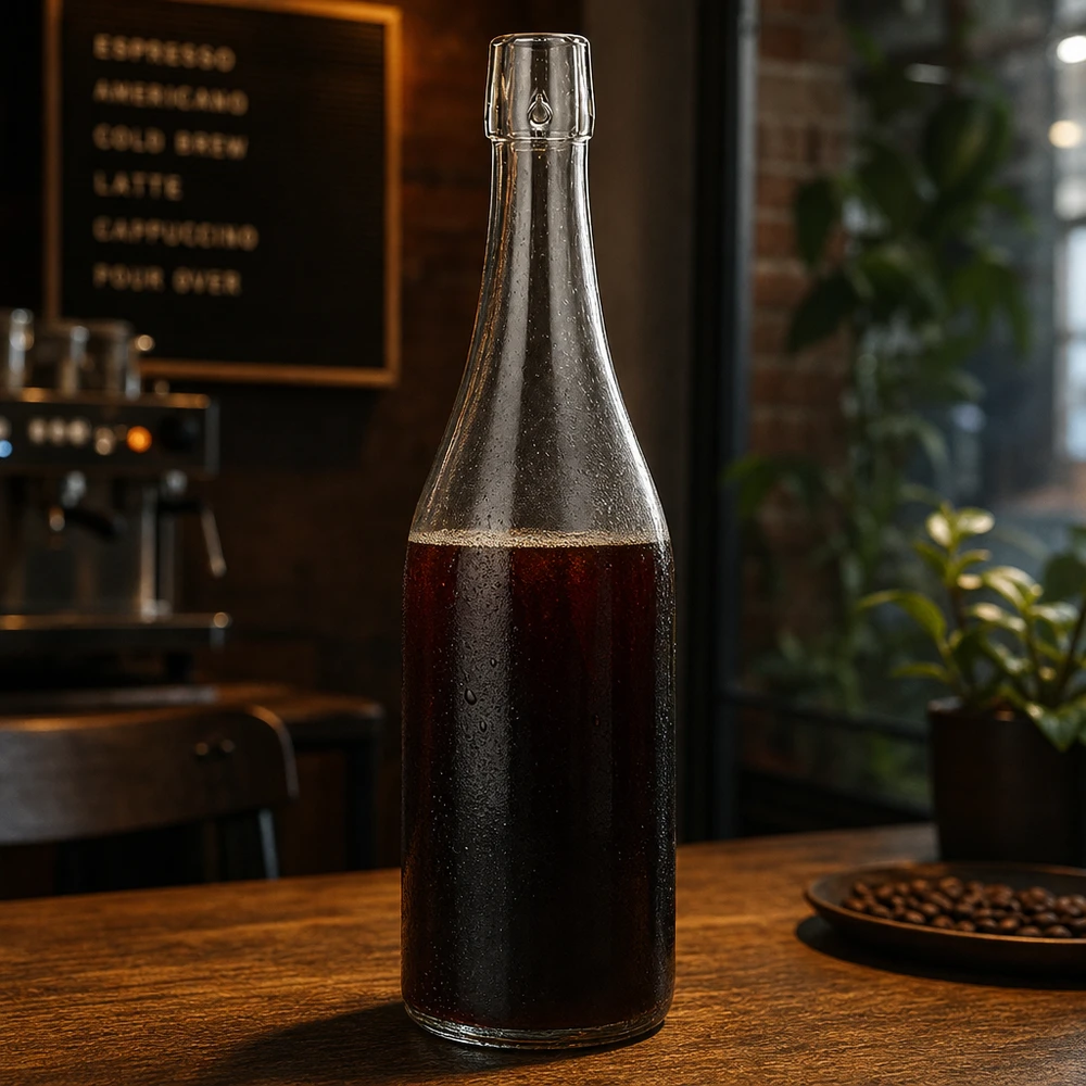 750ml UNiTWIST Glasflasche mit Cold Brew Kaffee befüllt in stylischer Café Atmosphäre neben Kaffeebohnen