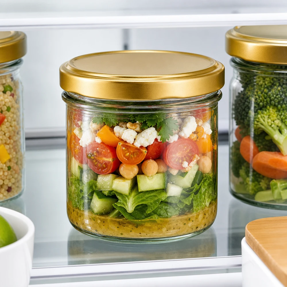 225ml Sturzglas mit BasicSeal Deckel gold UNiTWIST 225ml Sturzglas UNiTWIST gold im Kühlschrank mit Schichtsalat gefüllt - praktisches Meal Prep Glas für Vorratshaltung