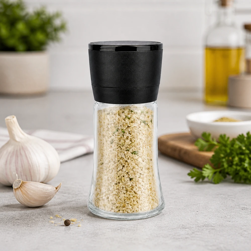 Salz-/Gewürzglas 95ml mit Mühle Vario schwarz Gewürzmühle Vario 95ml mit grobkörnigem Knoblauchsalz und Kräutern in elegantem Küchensetting