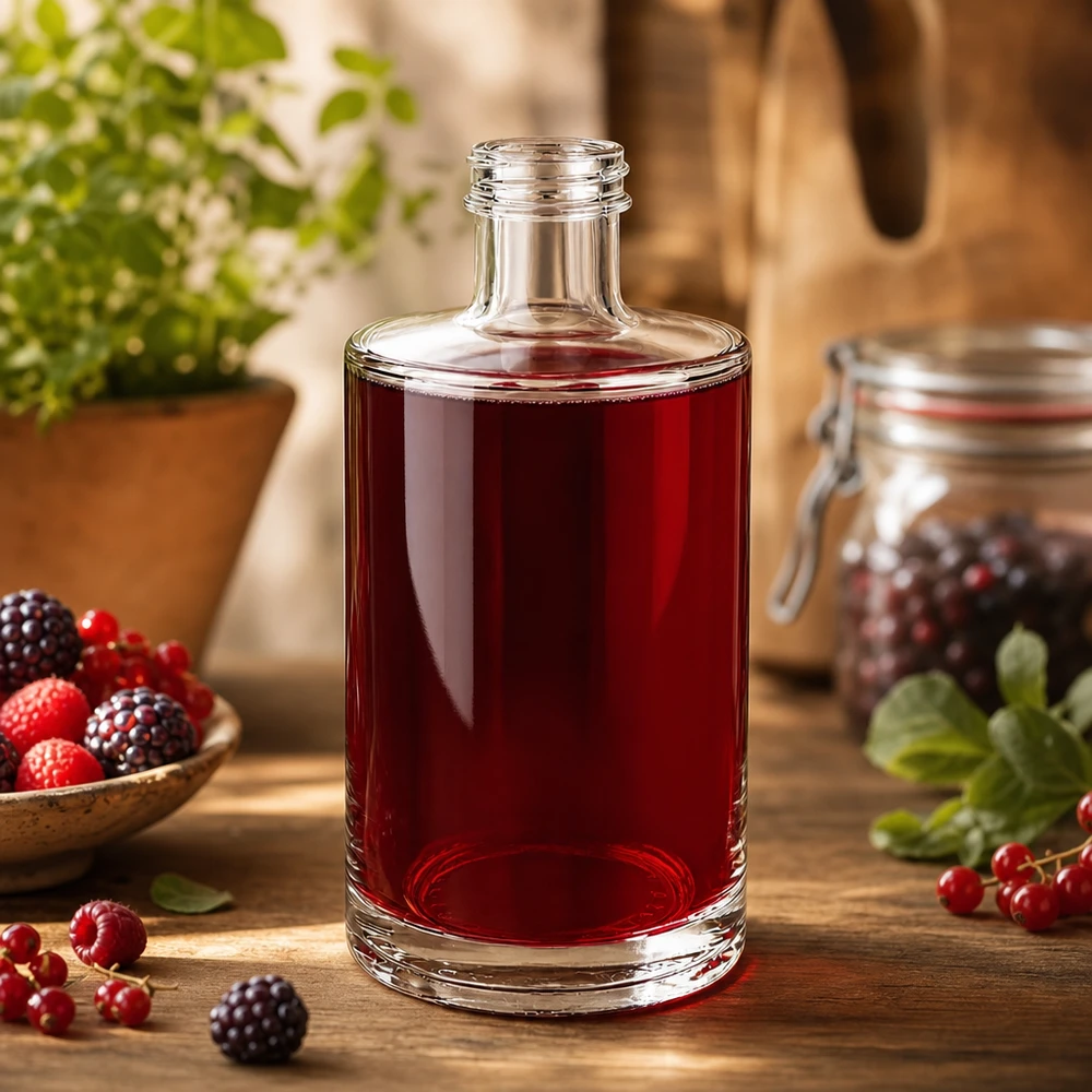 375ml Glasflasche Sam mit rotem Beerensaft befüllt umgeben von frischen Himbeeren Brombeeren und Johannisbeeren
