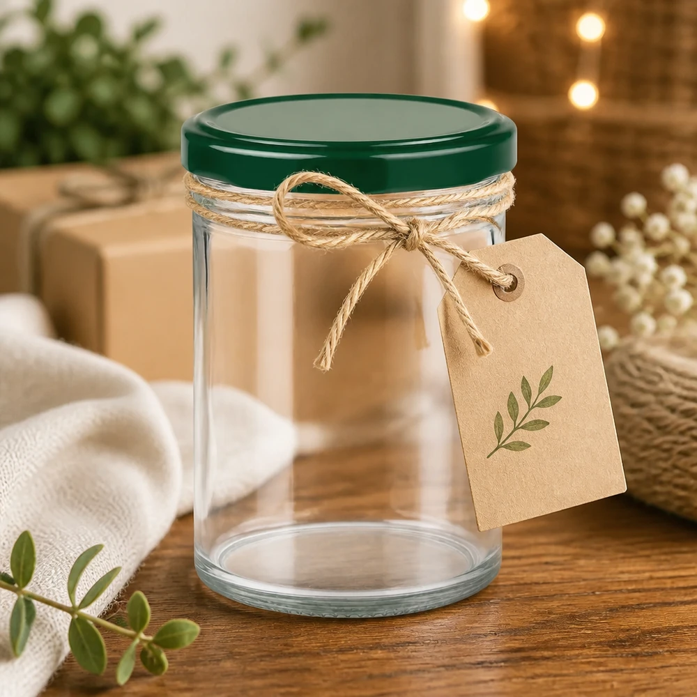 350ml Sturzglas + BasicSeal Deckel grün UNiTWIST 350ml Sturzglas UNiTWIST leer mit grünem Deckel und Geschenkanhänger als dekorative Verpackungsidee
