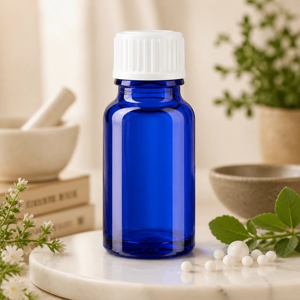 Apothekenflasche blau 10ml Schraubverschluss weiß Standard Blaue Glasflasche 10ml Standard-Verschluss weiß pharmazeutische Qualität mit Mörser und Naturpflanzen