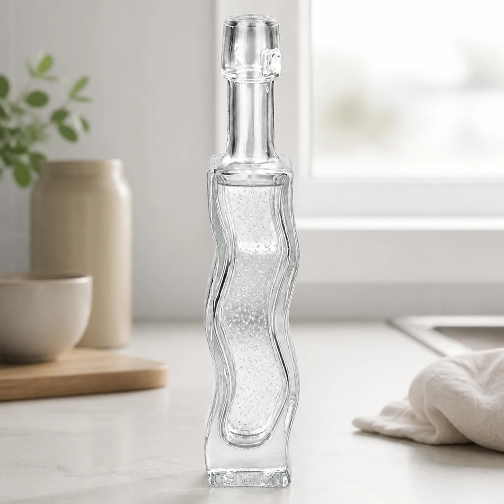 40ml Glasflasche Anna mit welligem Reliefmuster ohne Bügelverschluss transparent leer Badezimmer-Ambiente Seitenansicht