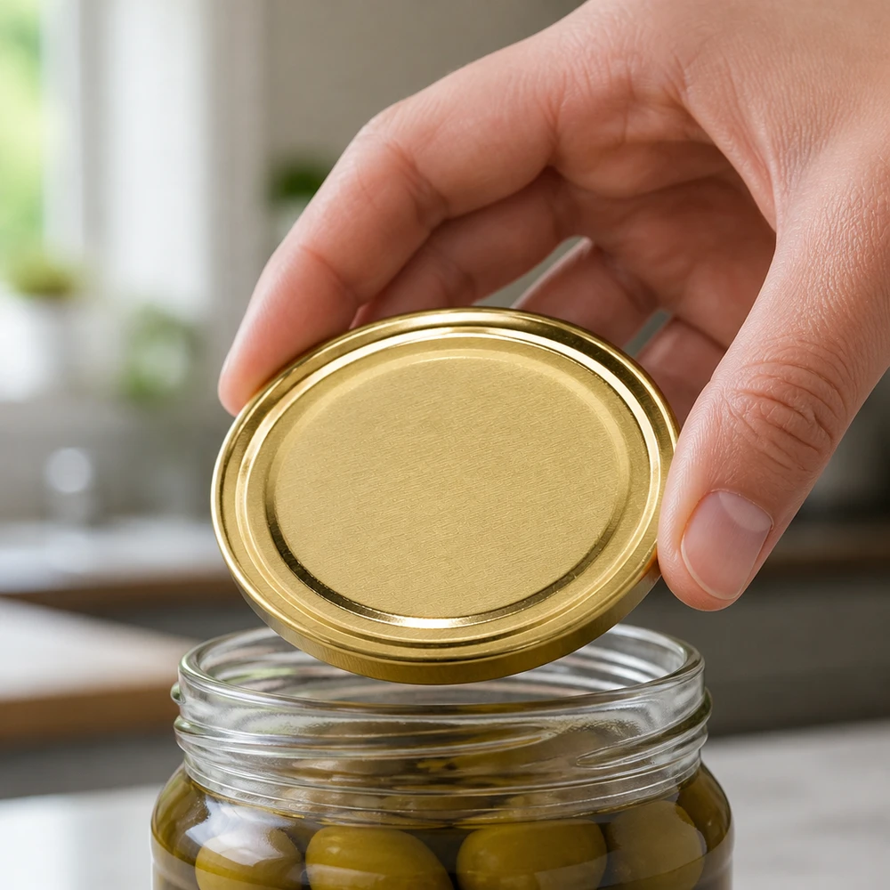 UNiTWIST TO82 gold, BioSeal, BPA-NI, unitemp Hand setzt UNiTWIST TO82 Einmachdeckel gold auf Glas mit eingelegten Oliven BioSeal