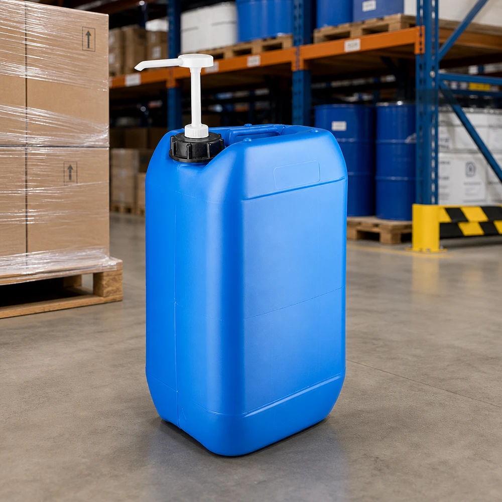 Tragbarer 15L Flüssigkeitskanister blau mit ergonomischer Pumpe auf Betonboden