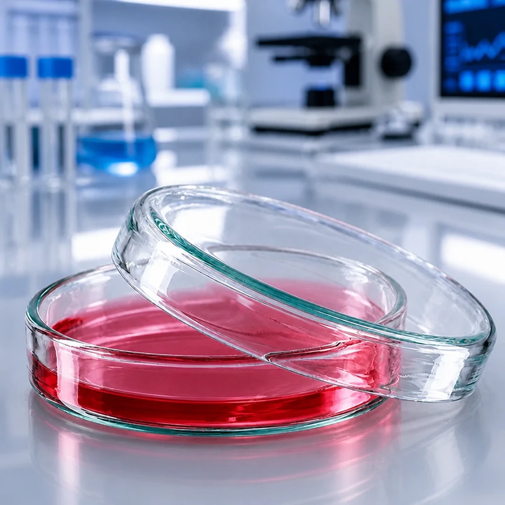 Zwei Glaspetrischalen 60x15 mm übereinander gelegt mit pinkfarbenem Kulturmedium