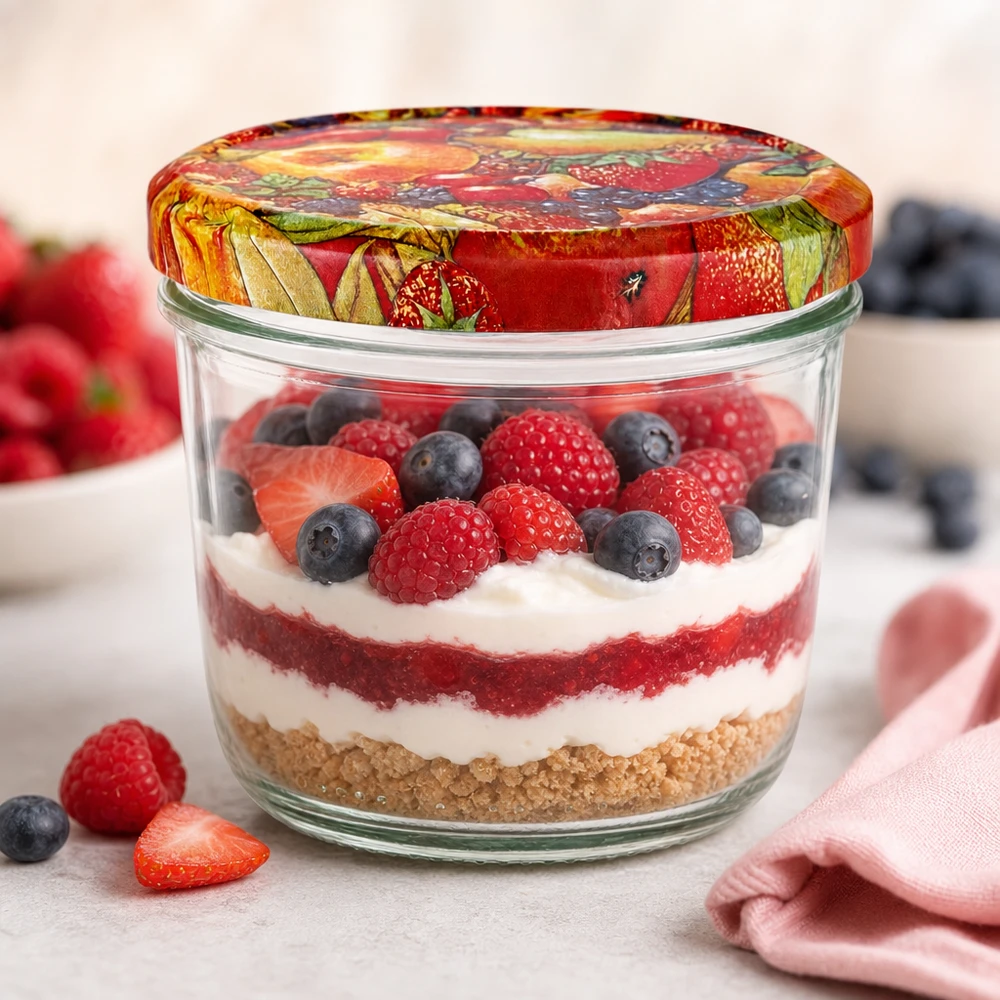 230ml Sturzglas mit BasicSeal Obstdekor-Deckel gefüllt mit Schichtdessert aus Beeren, Creme und Keksboden