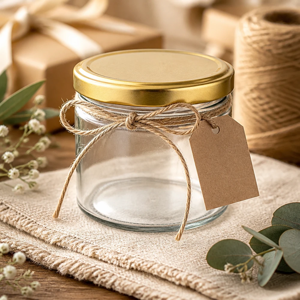 540ml Rundglas mit BasicSeal Deckel gold leer dekoriert mit Juteschleife Geschenkanhänger rustikales Ambiente