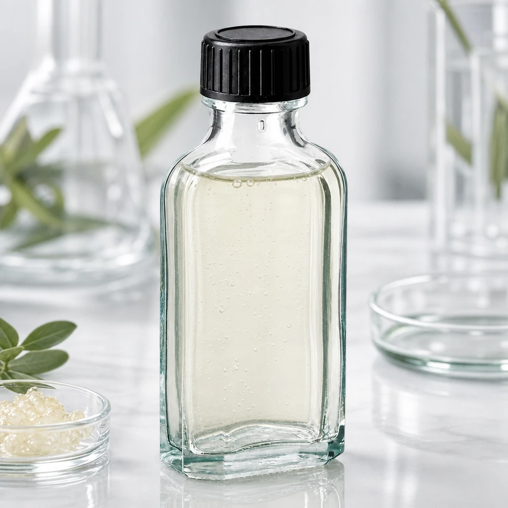 Meplat Flasche 50ml mit leicht gelblicher Flüssigkeit und Luftblasen im Laborumfeld