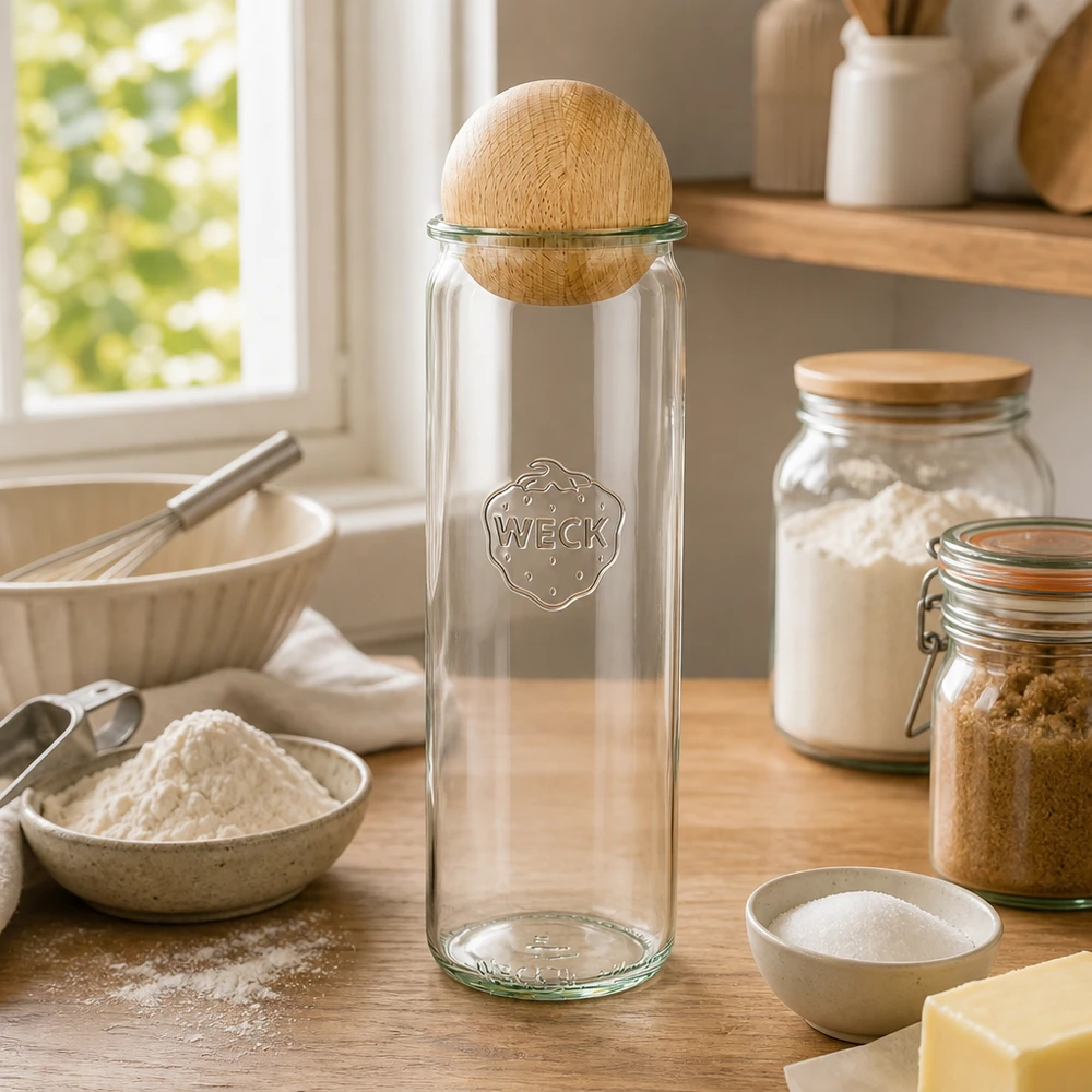 WECK Zylinderglas 600ml RR60 mit Buchenkugel in moderner Küche umgeben von Backzutaten Mehl und Vorratsgläsern