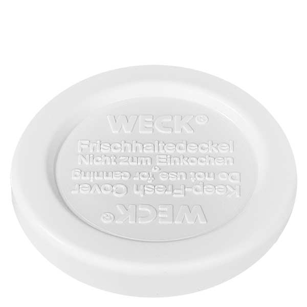 35ml Sturzglas mit Frischedeckel WECK RR40 WECK Frischedeckel weiß RR40 Detailansicht mit geprägter Schrift für 145ml Zylinderglas Ersatzdeckel