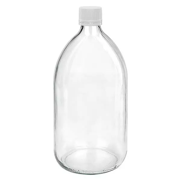 1000ml Medizinflasche klar, Verschluss weiß/fein mit Originalitätsring ApoGlas