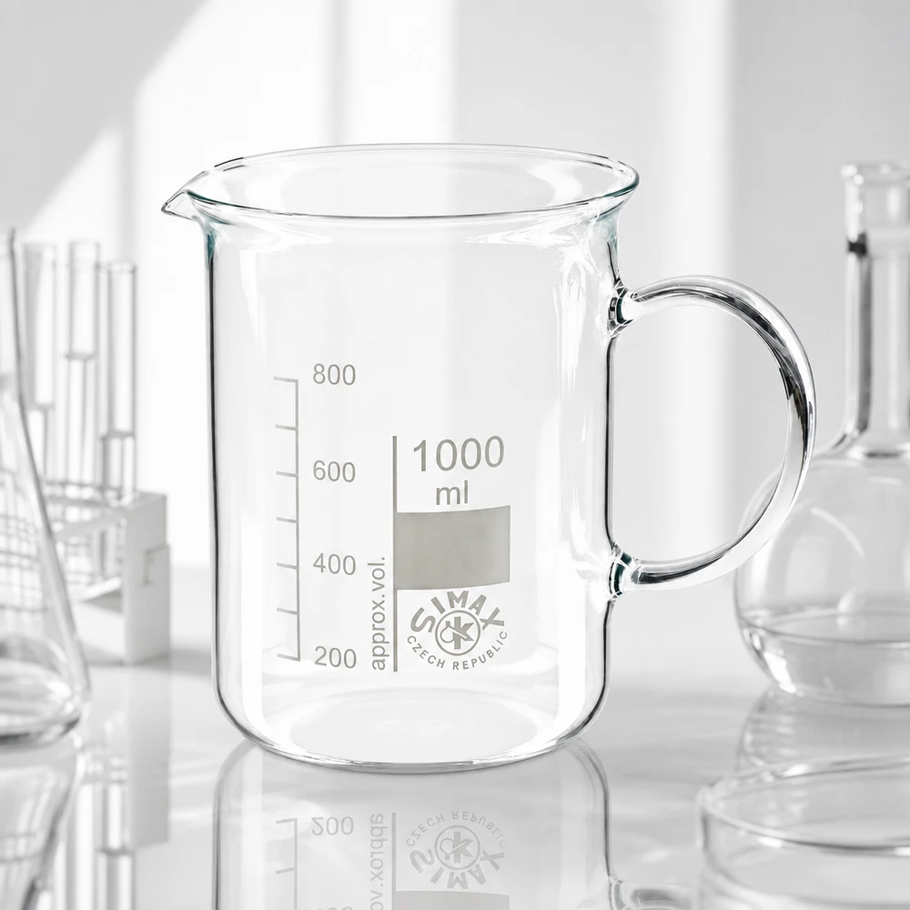 Becherglas 1000ml Borosilikatglas, mit Henkel Zylindrisches Becherglas 1 Liter mit Henkel und aufgedruckter Volumenskala