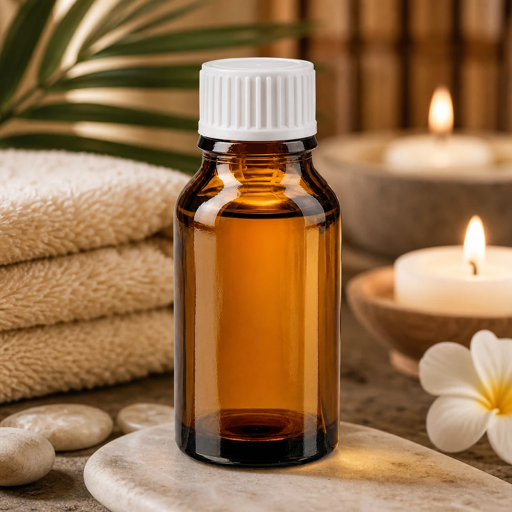 Apothekenflasche braun 15ml Schraubverschluss weiß Standard Kleine braune Glasflasche 15ml für ätherische Öle mit weißem Verschluss und Wellness-Dekoration