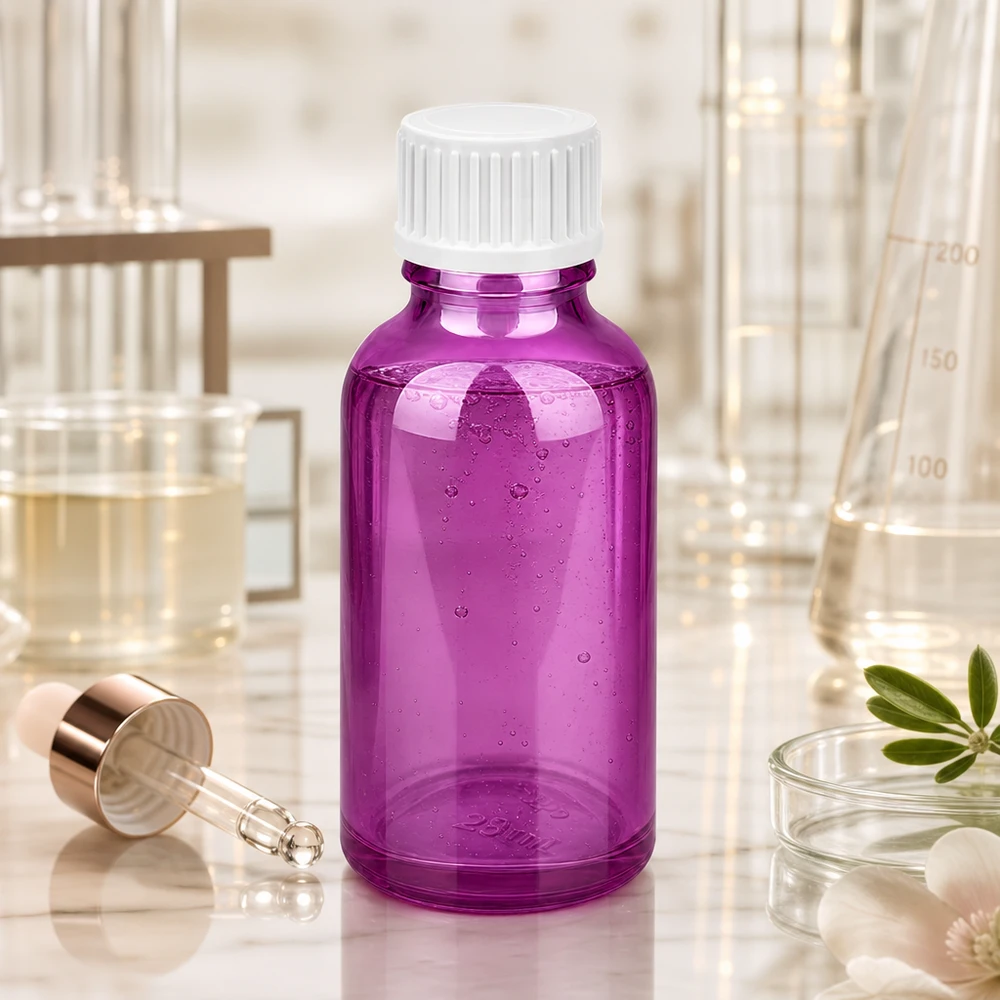 30ml (Globuli)Flasche.. 3mm Giessring weiß Standard PurpleLine. UT18/30 Purple Glasflasche 30ml mit UV-Schutz für lichtempfindliche Substanzen