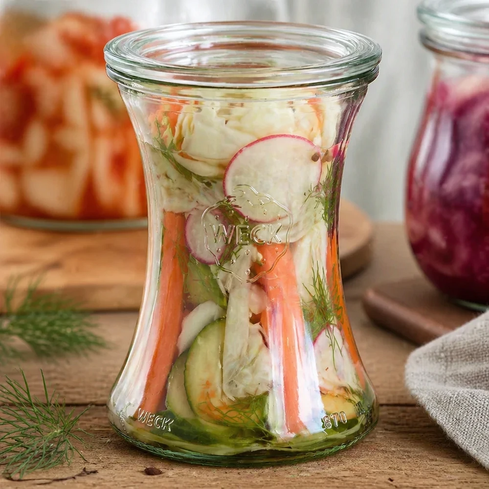 370ml Delikatessenglas mit Glasdeckel WECK RR80 WECK Delikatessenglas 370ml RR80 gefüllt mit eingelegtem Gemüse und Dill zeigt vielseitige Verwendung zum Einkochen
