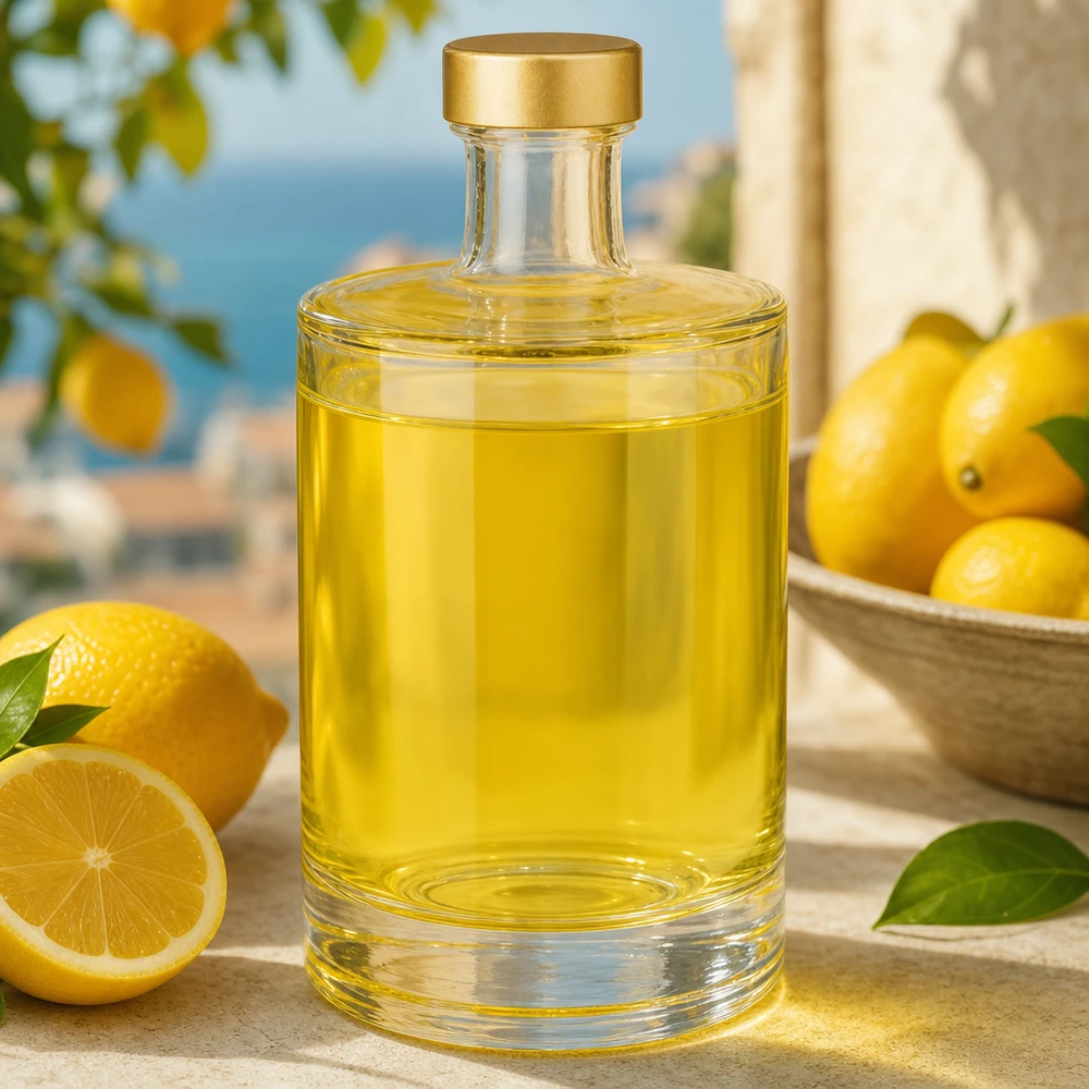 500ml Glasflasche "Sam" + Schraubverschluss gold UNiTWIST 500ml Glasflasche Sam befüllt mit gelber Flüssigkeit neben Zitronen mediterrane Lifestyle Szene Paracelsus Versand