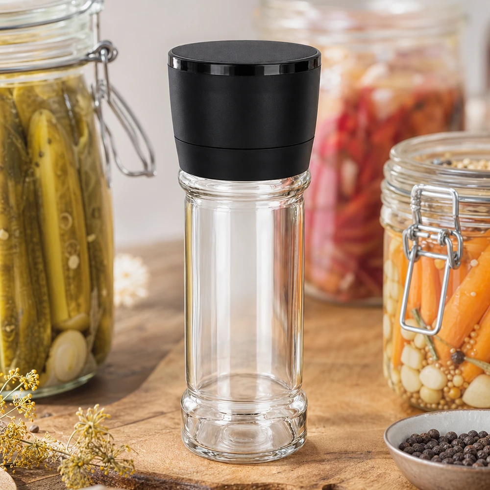 Salz-/Gewürzglas 100ml mit Mühle Vario schwarz Salzmühle Vario 100ml mit schwarzem Mahlwerk aus Kunststoff auf rustikalem Holzuntergrund