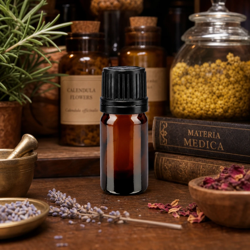 Kompakte Apothekenbraunglasflasche 5ml mit OV-Verschluss neben Calendula Flowers und Rosenblüten