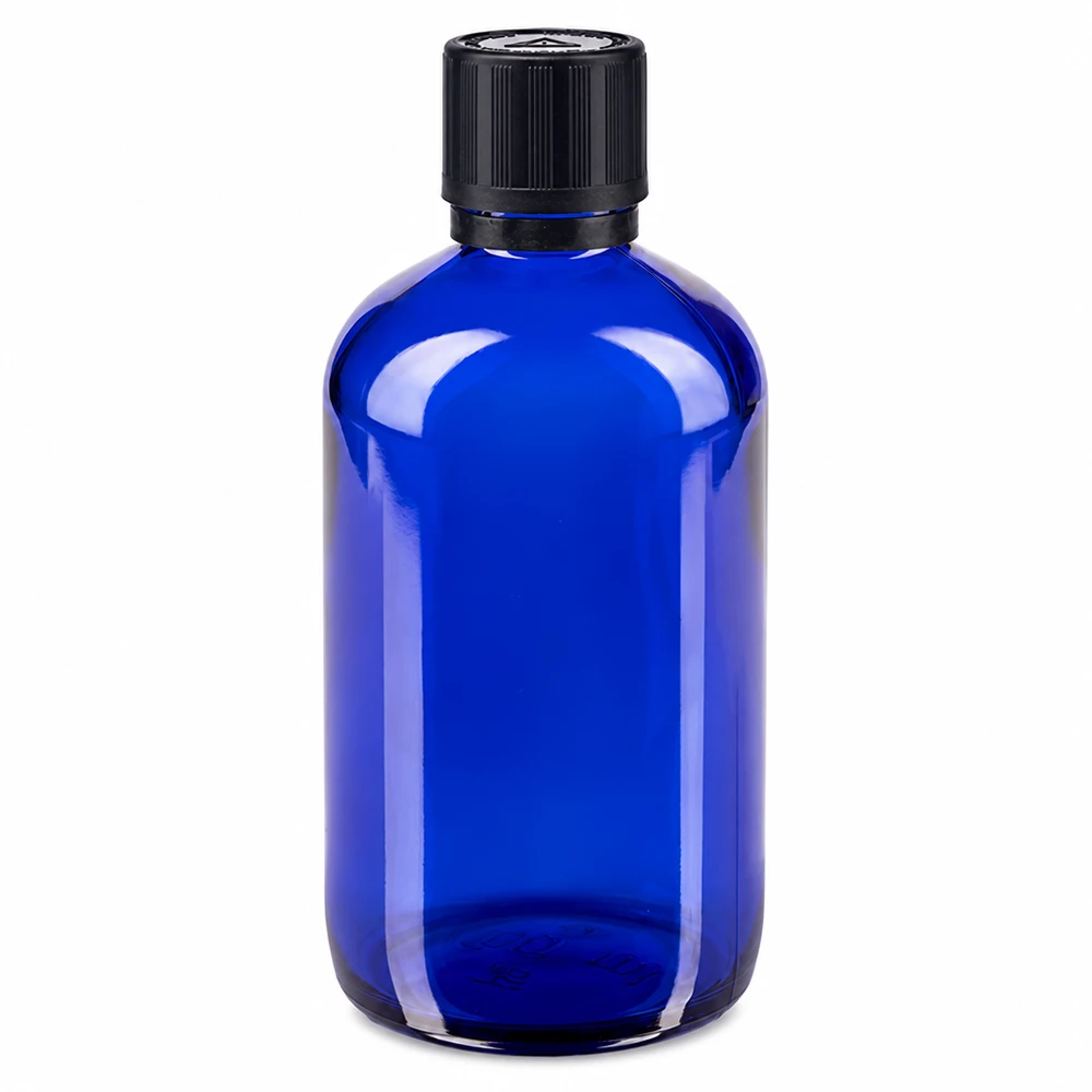 Apothekenflasche blau 100ml Tropfer Premium 1mm schwarz Kindersicherung Blindenwarnsymbol Originalitätsverschluss Blaue Glasflasche 100ml mit Tropfverschluss und kindersicherem schwarzen Schraubdeckel