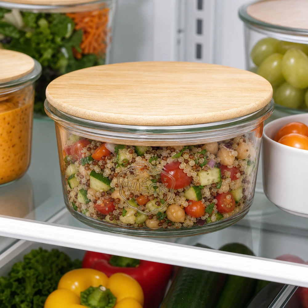 WECK Mini Sturzglas 50ml mit Quinoa-Salat im Kühlschrank - praktische Meal-Prep Aufbewahrung mit Bambusdeckel