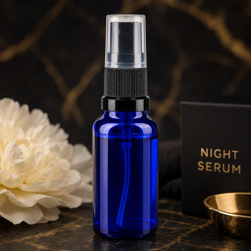Apothekenflasche blau 20ml Sprayaufsatz schwarz Hochwertige Glassprühflasche 20ml in Kobaltblau mit Pumpzerstäuber für Gesichtsserum