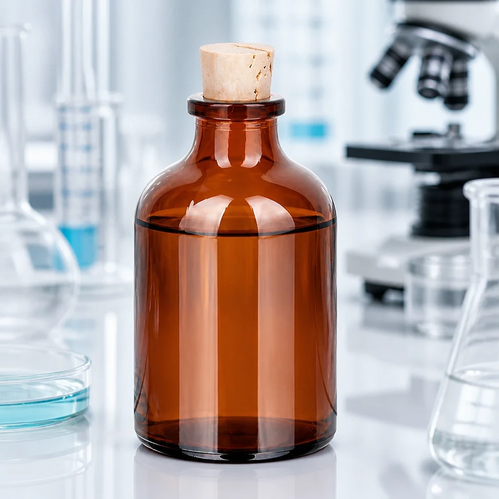 Kompakte Apothekerflasche aus UV-schützendem Braunglas mit Kork auf Labortisch