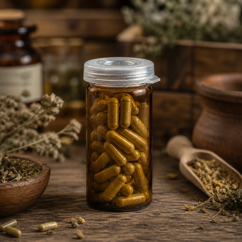 Apothekerglas 5ml klar mit Schnappdeckel für Naturheilkunde Kapseln auf rustikalem Holzuntergrund