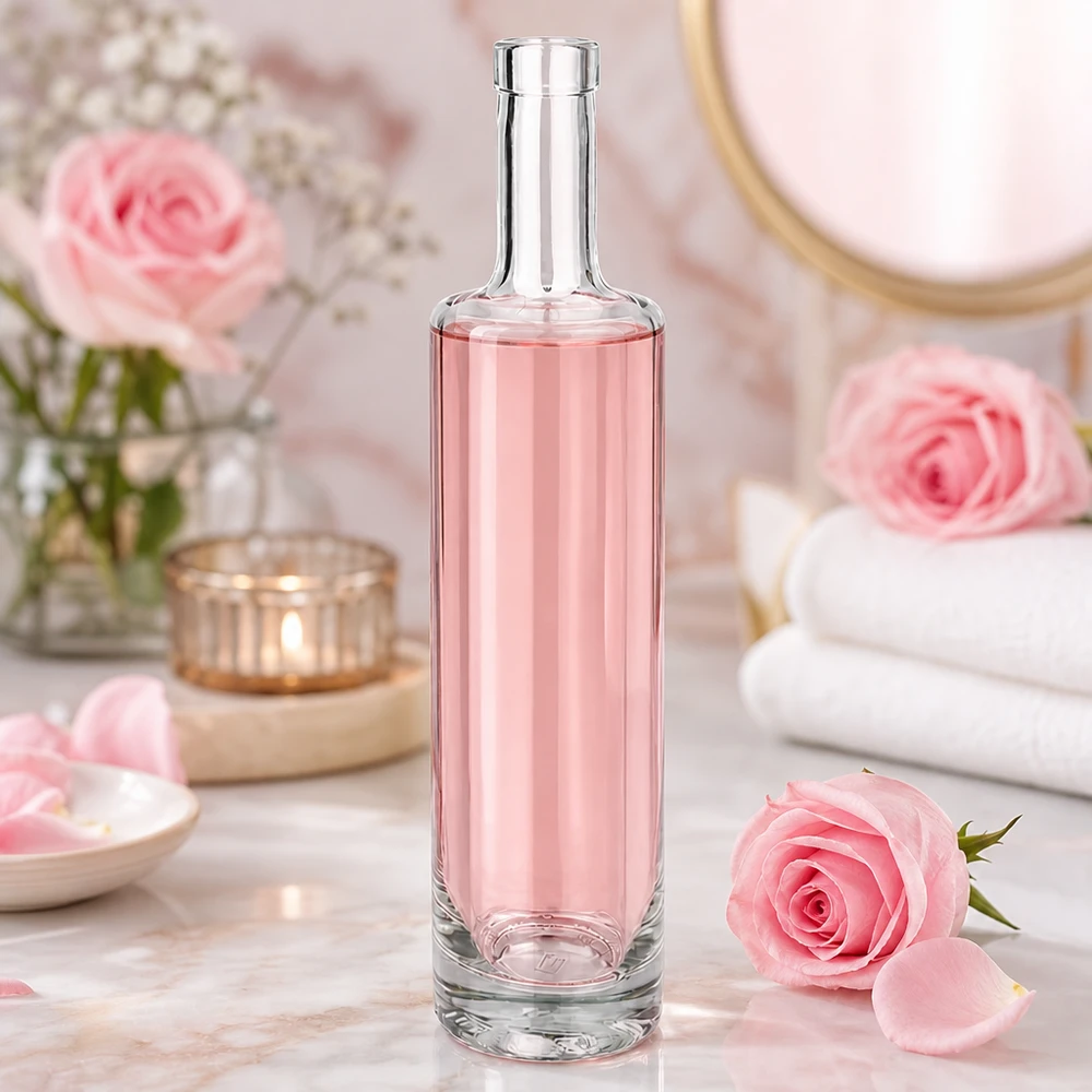 500ml Glasflasche Lina mit rosafarbenem Inhalt in romantischer Spa-Atmosphäre mit rosa Rosen und Wellness-Dekoration