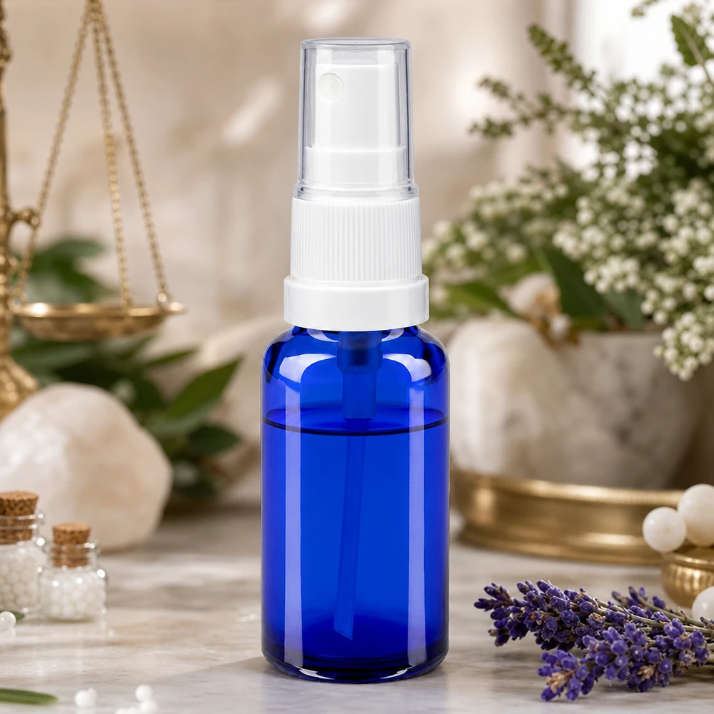 Apothekenflasche blau 20ml Sprayaufsatz weiß 20ml Cobaltblau-Glasflasche mit weißem Zerstäuber und Schutzkappe für Naturkosmetik