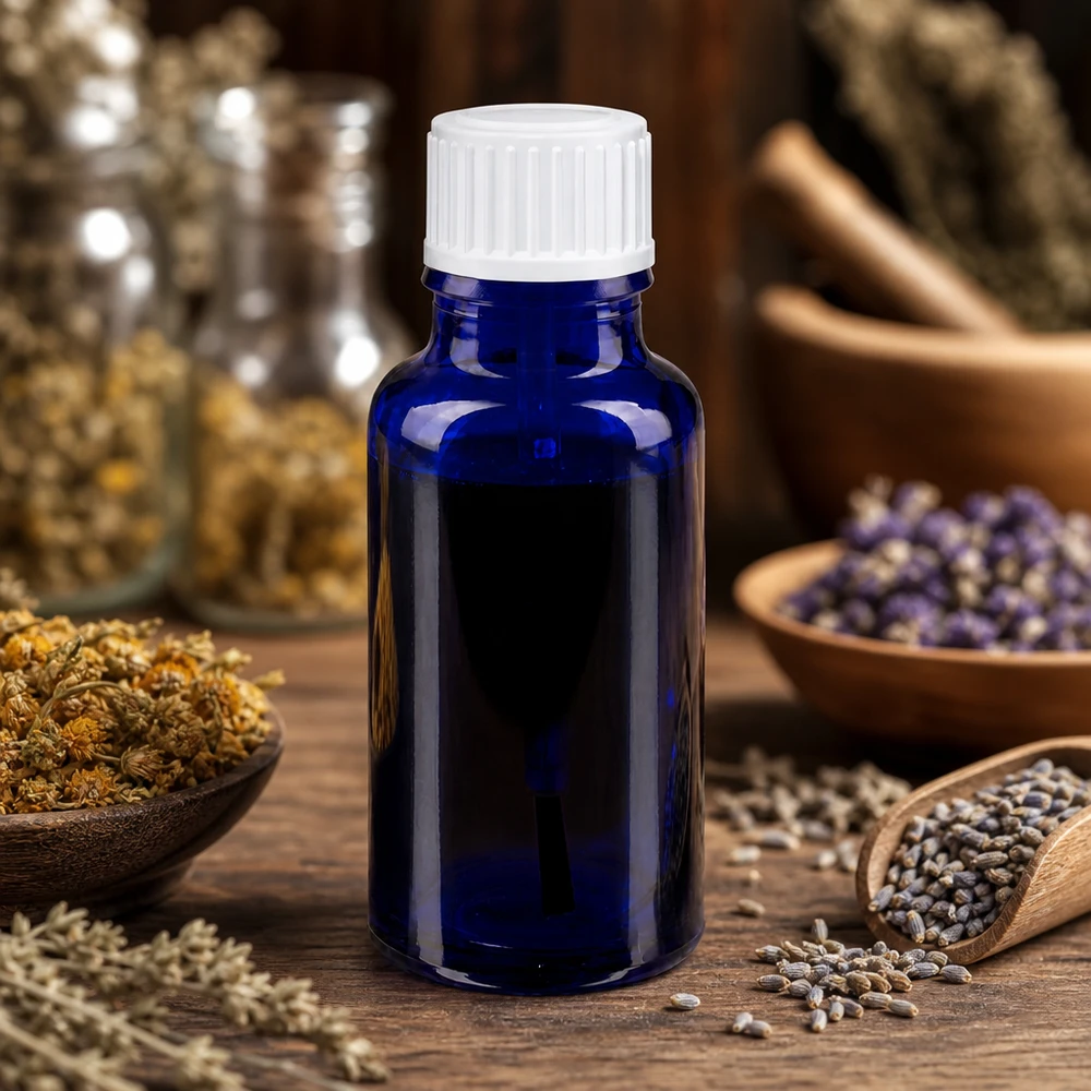 Apothekenflasche blau 20ml Schraubverschluss weiß Pinsel Kobaltblaue Pinselflasche 20ml ApoGlas zwischen getrockneten Heilkräutern und Holzschüsseln