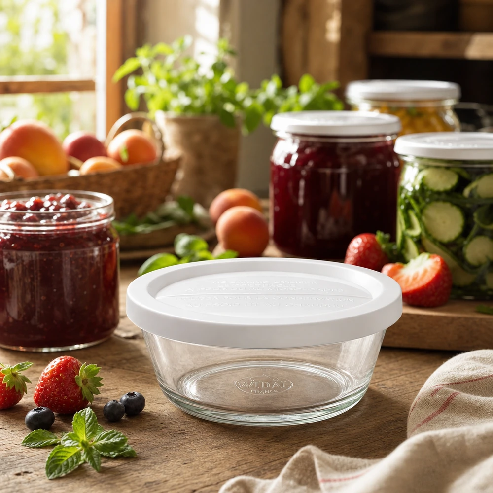 WECK Gourmetglas 300ml RR120 in stylischer Küche mit Marmeladen und frischen Früchten als Aufbewahrungslösung