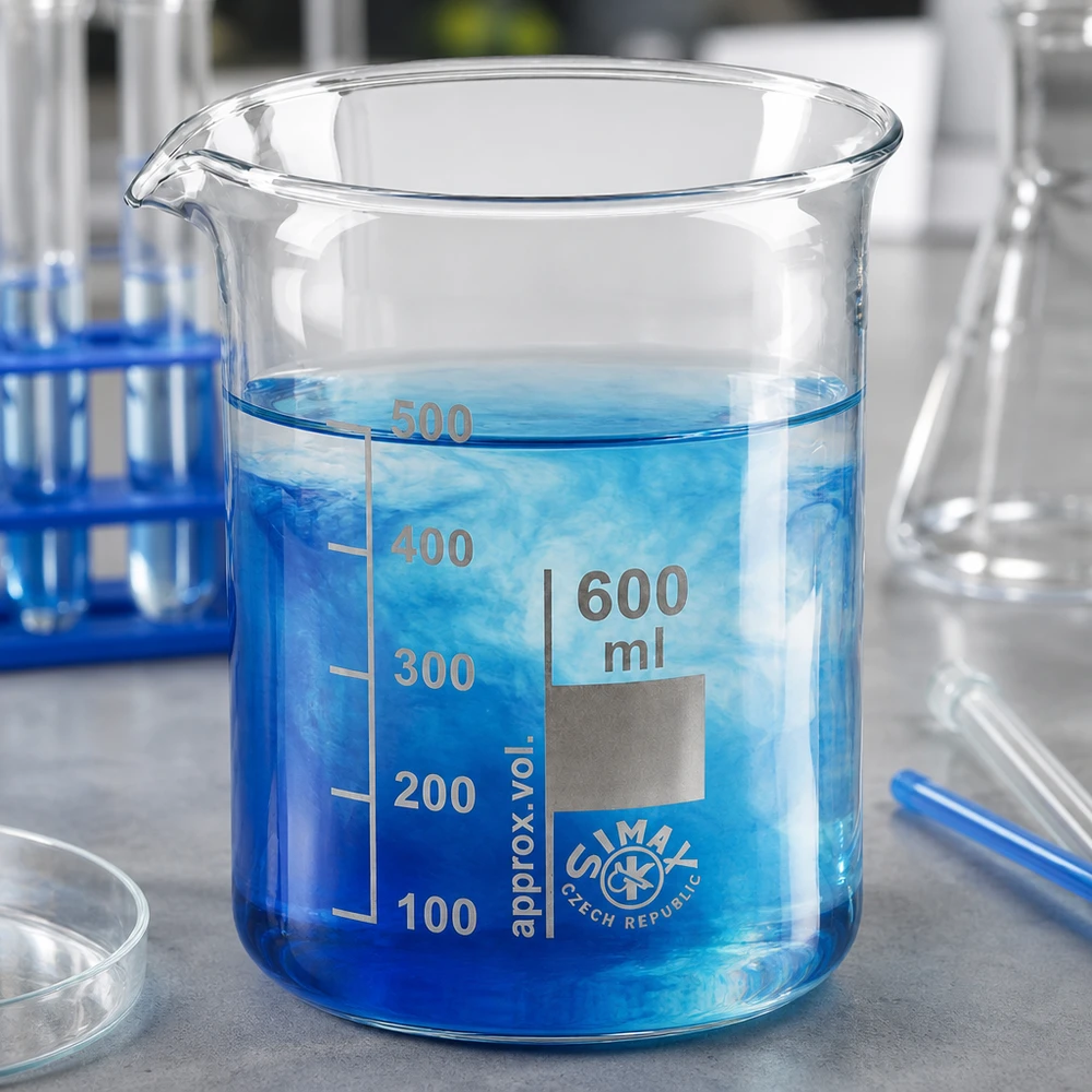 Transparentes Laborbecherglas 600ml niedrige Form mit praktischem Ausguss aus Borosilikatglas
