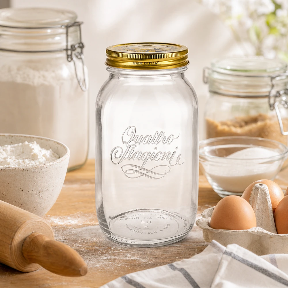 1500ml Rundglas "Quattro Stagioni" mit Deckel Quattro Stagioni 1500ml Einmachglas in Backstube mit Mehl Eiern Nudelholz italienisches Konservenglas Küchenutensilien