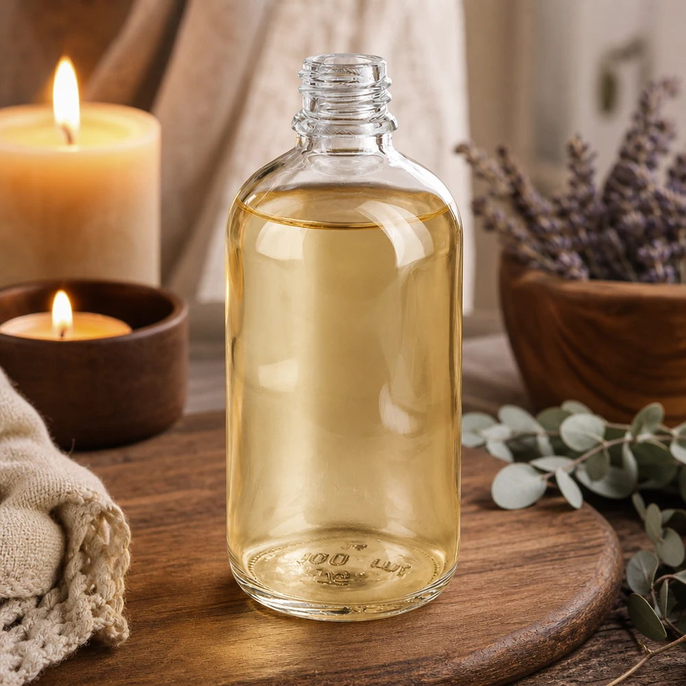 Transparente Apothekerflasche 100ml ClearLine neben brennenden Kerzen Eukalyptus und Lavendelzweigen